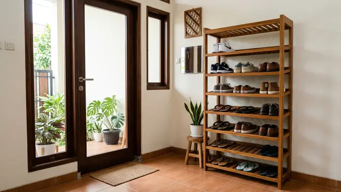 Model Rak Sepatu Berventilasi di Area Pintu Masuk Rumah (AI Generated)